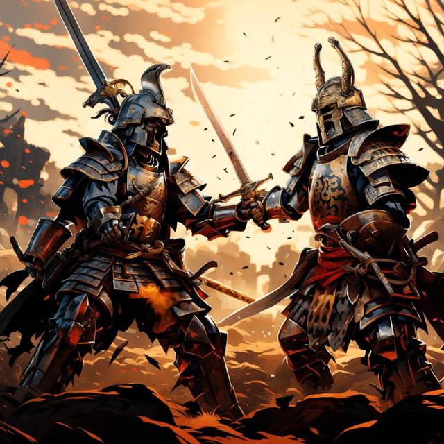 A knight in silver armor and a samurai in dark armor engaged in a fierce battle on a desolate battlefield under a setting sun.