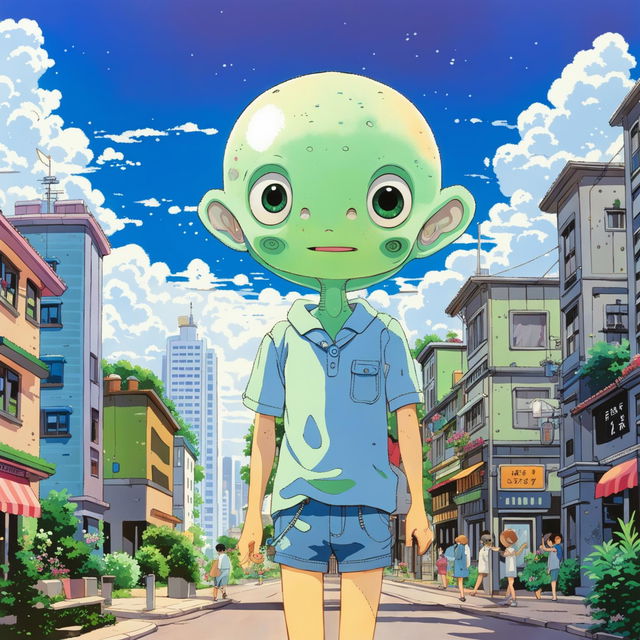 Studio Ghibli-style illustration of a cute alien visitor dressed in human clothes in a bustling city on a warm summer day.