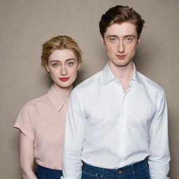 A tall, cute boy dressed in high-waisted jeans and a formal shirt, posing with the tall and radiant actress, Elizabeth Debicki. They both radiate a unique elegance and charm.