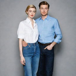 A tall, cute boy dressed in high-waisted jeans and a formal shirt, posing with the tall and radiant actress, Elizabeth Debicki. They both radiate a unique elegance and charm.