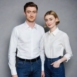 A tall, cute boy dressed in high-waisted jeans and a formal shirt, posing with the tall and radiant actress, Elizabeth Debicki. They both radiate a unique elegance and charm.