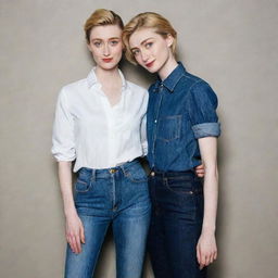 A tall, cute boy dressed in high-waisted jeans and a formal shirt, posing with the tall and radiant actress, Elizabeth Debicki. They both radiate a unique elegance and charm.