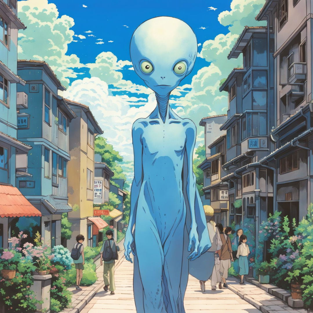 Studio Ghibli-style illustration of a blue alien visitor in a bustling city on a warm summer day.