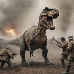 A historic scene with a Tyrannosaurus rex in a WW1 military uniform, participating in a battle. The dinosaur is surrounded by WW1 era soldiers and equipment.