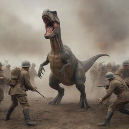 A historic scene with a Tyrannosaurus rex in a WW1 military uniform, participating in a battle. The dinosaur is surrounded by WW1 era soldiers and equipment.