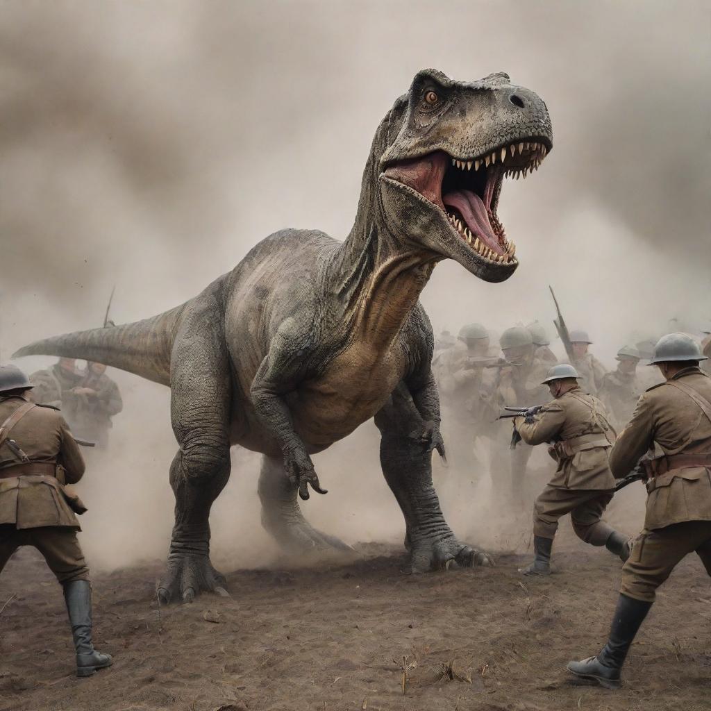 A historic scene with a Tyrannosaurus rex in a WW1 military uniform, participating in a battle. The dinosaur is surrounded by WW1 era soldiers and equipment.