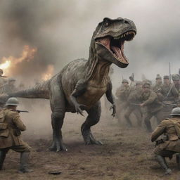 A historic scene with a Tyrannosaurus rex in a WW1 military uniform, participating in a battle. The dinosaur is surrounded by WW1 era soldiers and equipment.