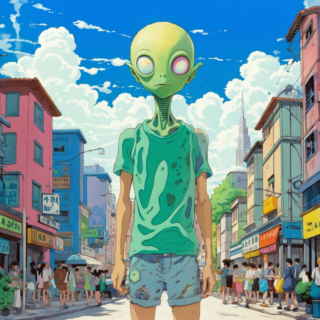 Studio Ghibli-style illustration of an alien visitor wearing clothes in a bustling city on a warm summer day.