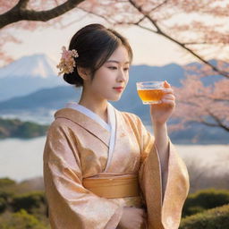 A young girl in traditional Japanese kimono, delicately sipping tea, with a mesmerising backdrop made entirely of shimmering honey.