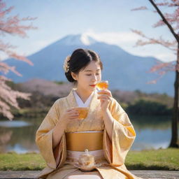 A young girl in traditional Japanese kimono, delicately sipping tea, with a mesmerising backdrop made entirely of shimmering honey.