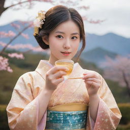 A young girl in traditional Japanese kimono, delicately sipping tea, with a mesmerising backdrop made entirely of shimmering honey.