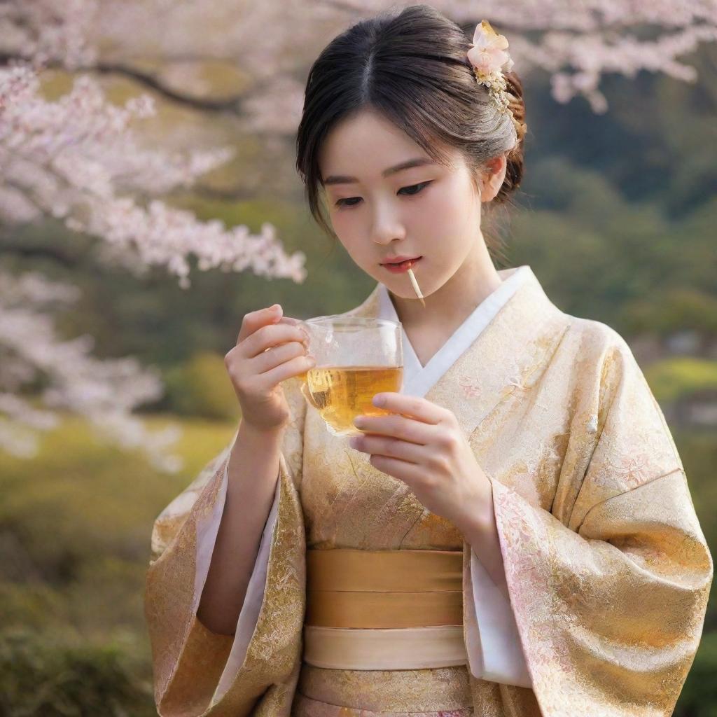 A young girl in traditional Japanese kimono, delicately sipping tea, with a mesmerising backdrop made entirely of shimmering honey.