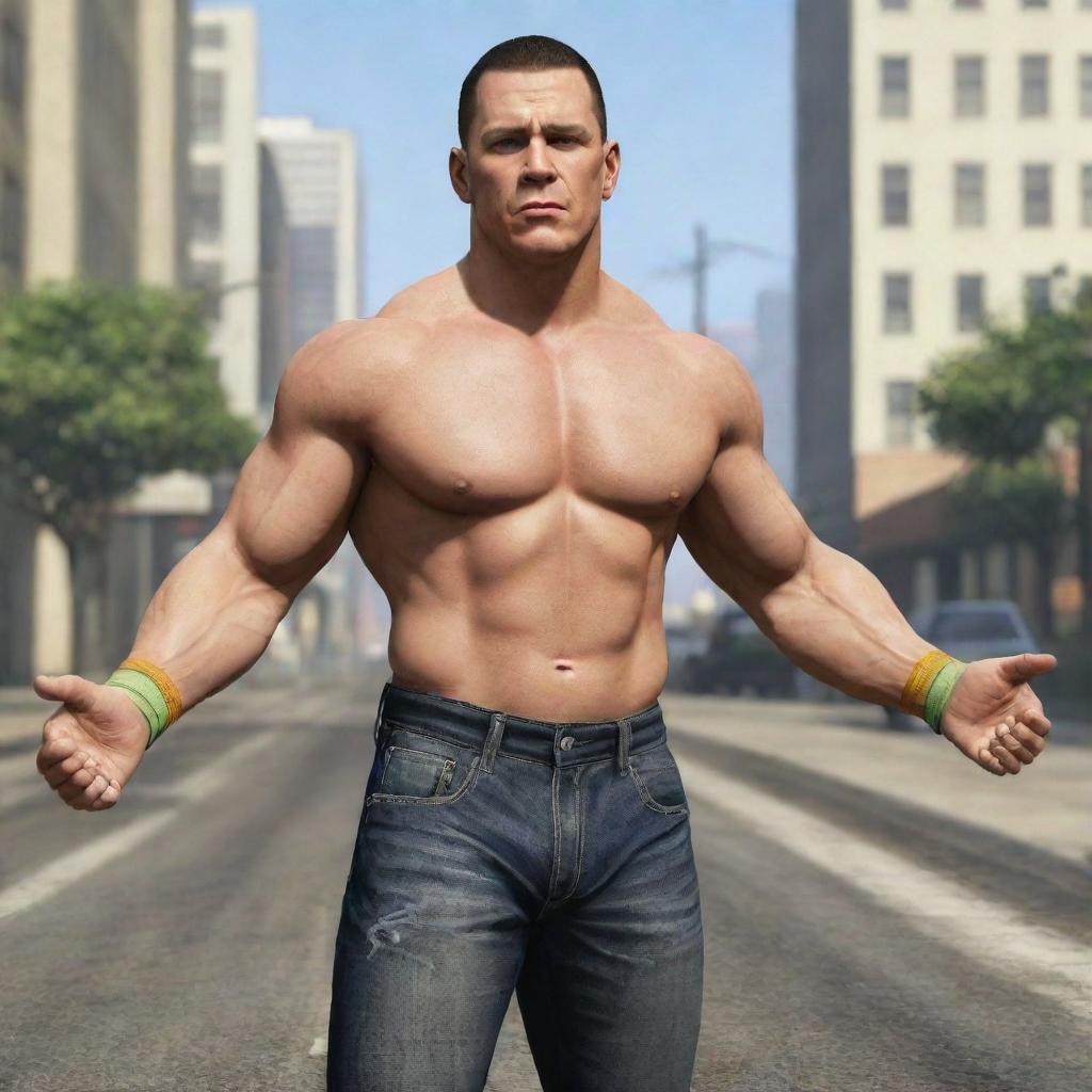 John Cena, clad in his striking wrestling attire, is depicted within the world of Grand Theft Auto V, adding his own intensity to the game's detailed and dynamic environment.