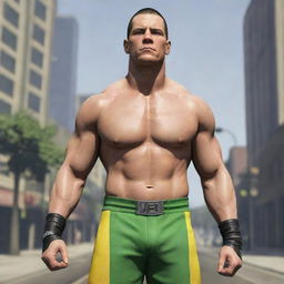 John Cena, clad in his striking wrestling attire, is depicted within the world of Grand Theft Auto V, adding his own intensity to the game's detailed and dynamic environment.