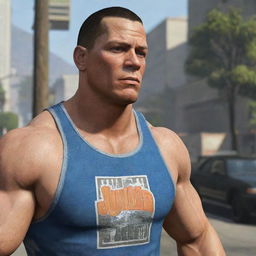 John Cena, clad in his striking wrestling attire, is depicted within the world of Grand Theft Auto V, adding his own intensity to the game's detailed and dynamic environment.