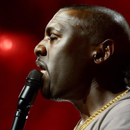 A detailed and passionate portrait of Kanye West giving his utmost best in a performance.