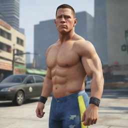 John Cena, clad in his striking wrestling attire, is depicted within the world of Grand Theft Auto V, adding his own intensity to the game's detailed and dynamic environment.