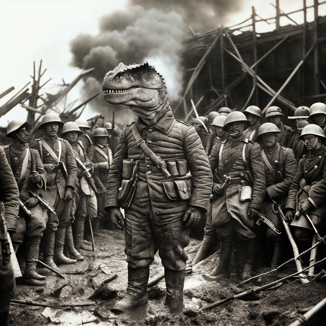 Historic black and white photograph of a Tyrannosaurus rex dressed in WW1 military uniform amidst soldiers on a battlefield.