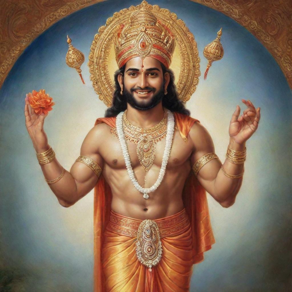 A majestic depiction of Bhagwan Ram, an important figure in Indian mythology, adorned in traditional attire, with a serene smile and a divine aura surrounding him