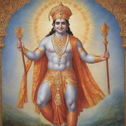 A majestic depiction of Bhagwan Ram, an important figure in Indian mythology, adorned in traditional attire, with a serene smile and a divine aura surrounding him