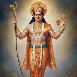 A majestic depiction of Bhagwan Ram, an important figure in Indian mythology, adorned in traditional attire, with a serene smile and a divine aura surrounding him