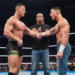 A surprising showdown between the wrestling superstar, John Cena and the football legend, Cristiano Ronaldo, taking place in a WWE wrestling ring. The atmosphere is tense and the crowd is electrified.