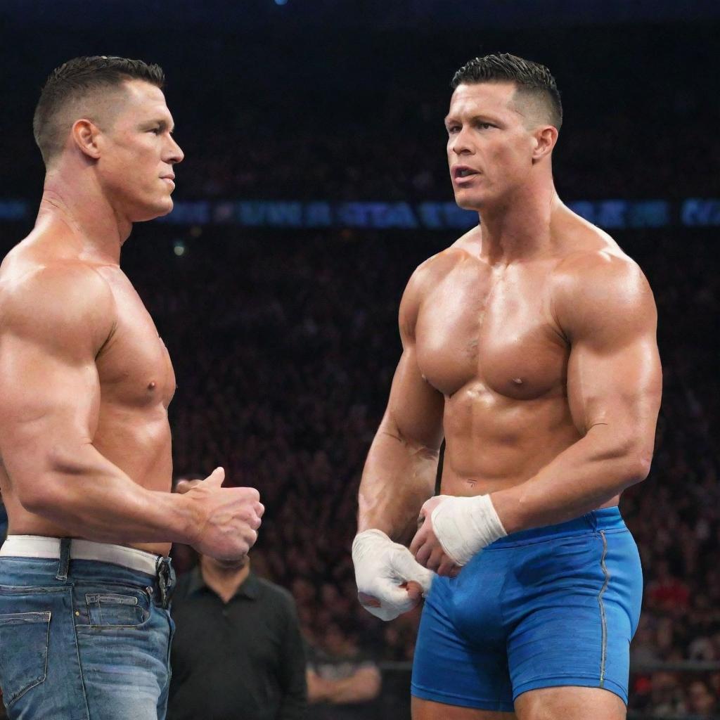 A surprising showdown between the wrestling superstar, John Cena and the football legend, Cristiano Ronaldo, taking place in a WWE wrestling ring. The atmosphere is tense and the crowd is electrified.