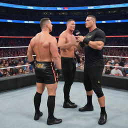 A surprising showdown between the wrestling superstar, John Cena and the football legend, Cristiano Ronaldo, taking place in a WWE wrestling ring. The atmosphere is tense and the crowd is electrified.