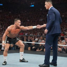 A surprising showdown between the wrestling superstar, John Cena and the football legend, Cristiano Ronaldo, taking place in a WWE wrestling ring. The atmosphere is tense and the crowd is electrified.