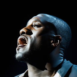 A detailed and passionate portrait of Kanye West giving his utmost best in a performance.