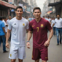 Football superstars Cristiano Ronaldo and Lionel Messi, ordinarily at home on the grandest stages of football, are now found exploring the bustling streets and marketplaces of Chandni Chowk in Delhi, India.