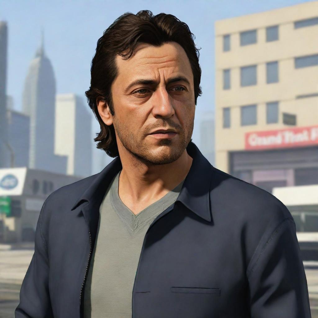 A high-quality illustration of Imran Khan, portrayed as a character within the video game Grand Theft Auto V. Capturing the unique style of the game, Imran Khan should be shown in typical GTA environment.