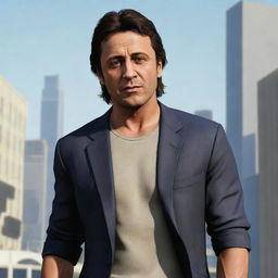 A high-quality illustration of Imran Khan, portrayed as a character within the video game Grand Theft Auto V. Capturing the unique style of the game, Imran Khan should be shown in typical GTA environment.