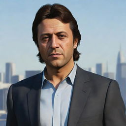 A high-quality illustration of Imran Khan, portrayed as a character within the video game Grand Theft Auto V. Capturing the unique style of the game, Imran Khan should be shown in typical GTA environment.