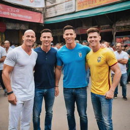 An unlikely gathering of Cristiano Ronaldo, John Cena, Johnny Sins, and Lionel Messi in the vibrant and bustling Chandni Chowk in Delhi, India. The four icons, from their respective fields, integrating into the colorful Indian culture adds a fascinating dynamism to the scene.