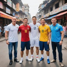 An unlikely gathering of Cristiano Ronaldo, John Cena, Johnny Sins, and Lionel Messi in the vibrant and bustling Chandni Chowk in Delhi, India. The four icons, from their respective fields, integrating into the colorful Indian culture adds a fascinating dynamism to the scene.