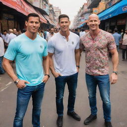 An unlikely gathering of Cristiano Ronaldo, John Cena, Johnny Sins, and Lionel Messi in the vibrant and bustling Chandni Chowk in Delhi, India. The four icons, from their respective fields, integrating into the colorful Indian culture adds a fascinating dynamism to the scene.