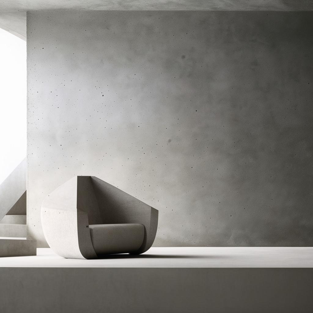 An aesthetically pleasing concrete room, featuring an armchair. The scene is styled in an architectural photography aesthetic.