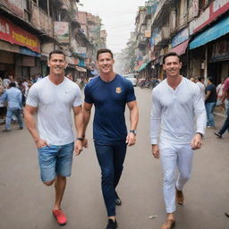 An unlikely gathering of Cristiano Ronaldo, John Cena, Johnny Sins, and Lionel Messi in the vibrant and bustling Chandni Chowk in Delhi, India. The four icons, from their respective fields, integrating into the colorful Indian culture adds a fascinating dynamism to the scene.