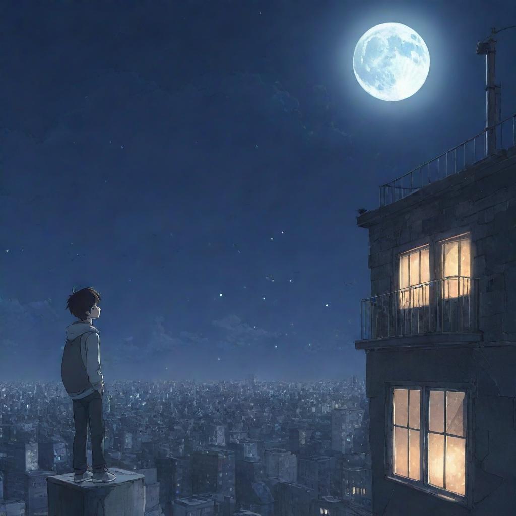 Anime-style illustration of a lone boy standing on the top floor of a chaotic building, gazing at a star-filled sky and bright moon.