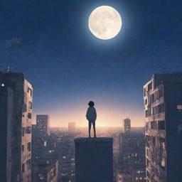 Anime-style illustration of a lone boy standing on the top floor of a chaotic building, gazing at a star-filled sky and bright moon.