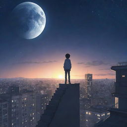 Anime-style illustration of a lone boy standing on the top floor of a chaotic building, gazing at a star-filled sky and bright moon.