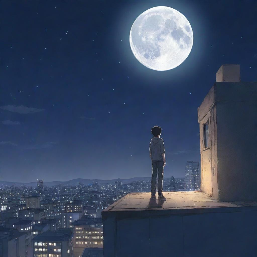 Anime-style illustration of a lone boy standing on the top floor of a chaotic building, gazing at a star-filled sky and bright moon.