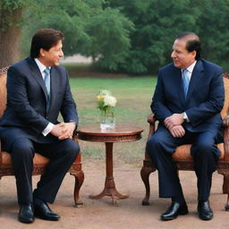 An artistic representation of Sharukh Khan, the famous Indian actor, meeting Nawaz Sharif, the former Prime Minister of Pakistan. They are in a peaceful setting, engaging in friendly conversation.