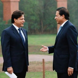 An artistic representation of Sharukh Khan, the famous Indian actor, meeting Nawaz Sharif, the former Prime Minister of Pakistan. They are in a peaceful setting, engaging in friendly conversation.