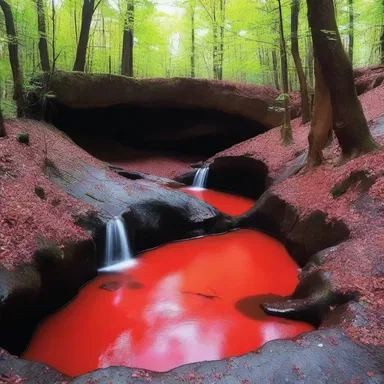 As they ventured deeper into the haunted forest, the group stumbled upon a mysterious gulch with blood-red water flowing through it.