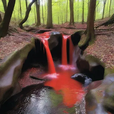 As they ventured deeper into the haunted forest, the group stumbled upon a mysterious gulch with blood-red water flowing through it.