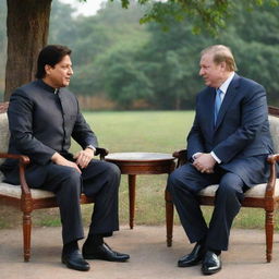 An artistic representation of Sharukh Khan, the famous Indian actor, meeting Nawaz Sharif, the former Prime Minister of Pakistan. They are in a peaceful setting, engaging in friendly conversation.