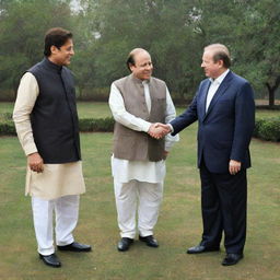 An artistic representation of Sharukh Khan, the famous Indian actor, meeting Nawaz Sharif, the former Prime Minister of Pakistan. They are in a peaceful setting, engaging in friendly conversation.