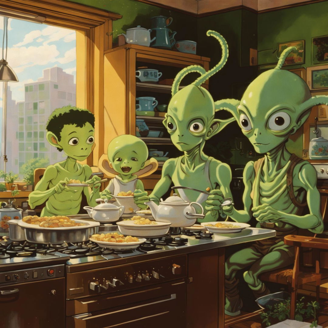 Animated Ghibli-style scene of an alien family enjoying breakfast in a cozy apartment on a warm summer day.